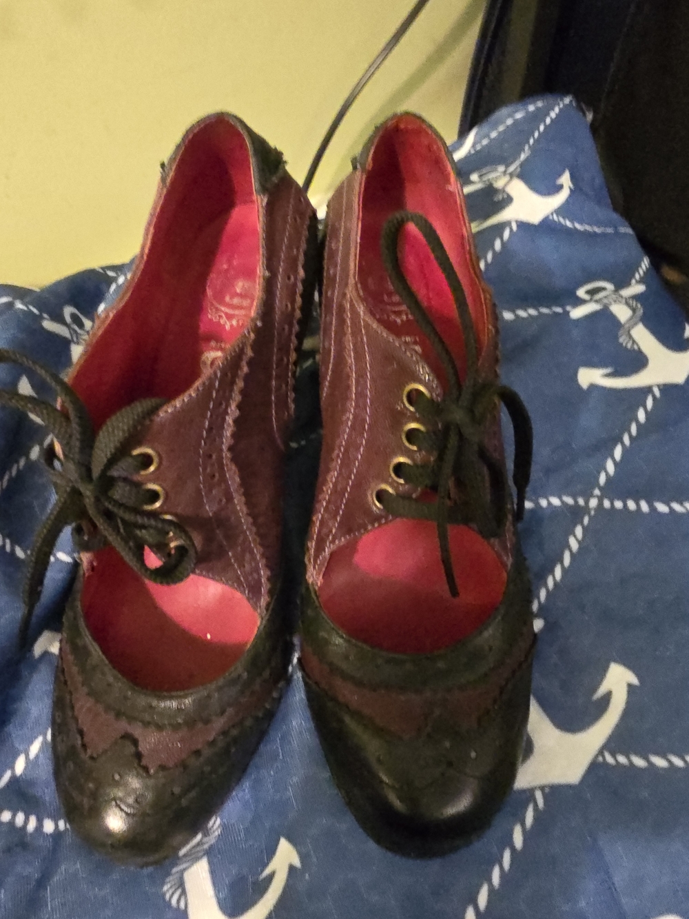 Jeffrey Campbell Two-Tone Burgundy and Black Retro Spectator Brogue LaceUp Heels
